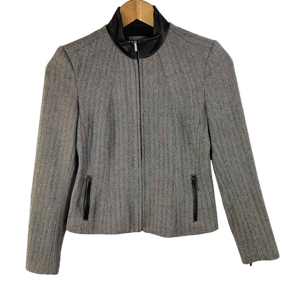 Adeco Herringbone Jacket Women's Size 2/36 Leather Trim Full Zip Career Blazer